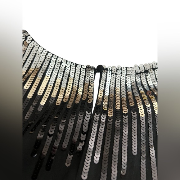 BCBG Max Azria Black Chiffon Gold/Silver Sequin Keyhole Back Dress Medium - Picture 8 of 9